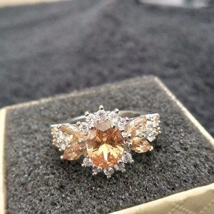 Silver Plated Created Morganite Topaz Cluster Flower Cocktail ring size 6